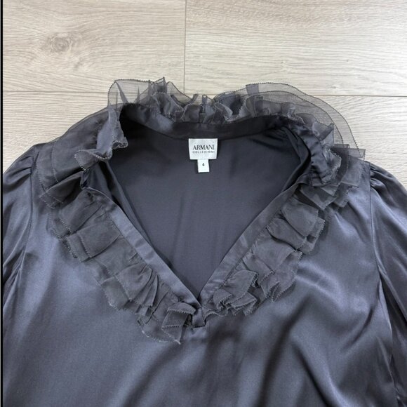 Armani Collezioni Gunmetal Gray Silk Ruffled V-Neck Blouse - Picture 4 of 11